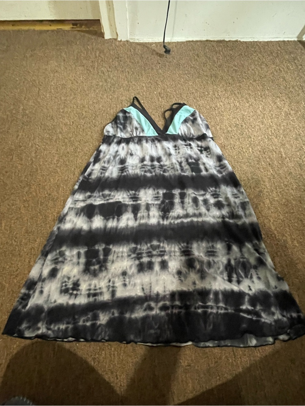 Secret Treasures Black & White Tie-Dye Chemise with Aqua Trim